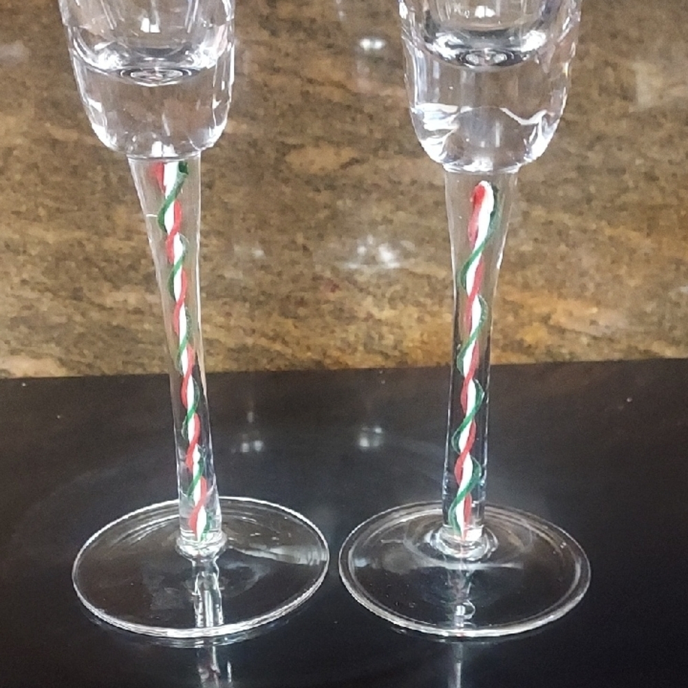 Pier 1 Clear Champagne Flutes With Red/Green/white Ribbon Stems Set Of 2.